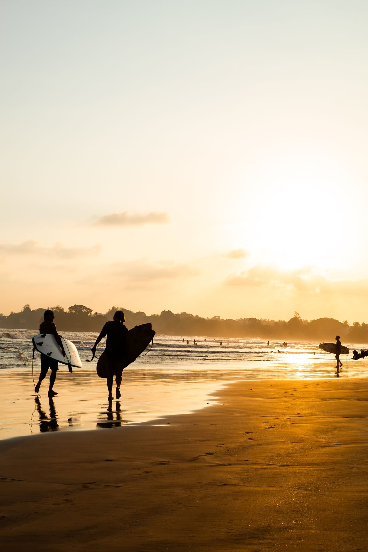 Surfers on the mellow beach break at Weligama Bay, South Coast Sri Lanka